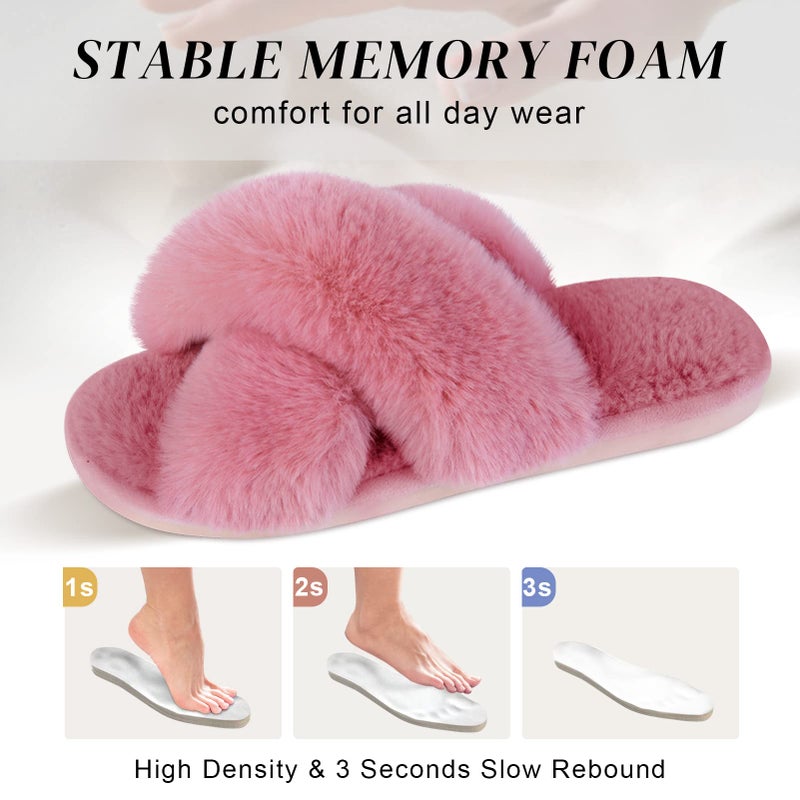 Parlovable Women's Fuzzy Slippers Comfy Cross Band House Shoes Memory Foam Open Toe Indoor Gifts for Ladies Pink 7-8 - Image 4